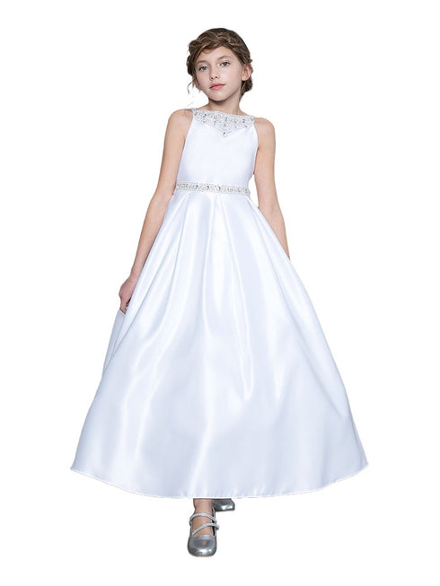 Little Girls White Satin Rhinestone Neckline Waist Band Flower Girl Dress 4-6 - SophiasStyle.com